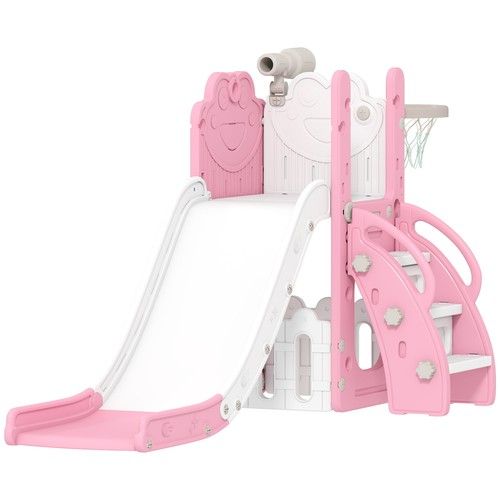 AIYAPLAY 5 in 1 Toddler Slide Set with Basketball Hoop for Age 1-3, Pink
