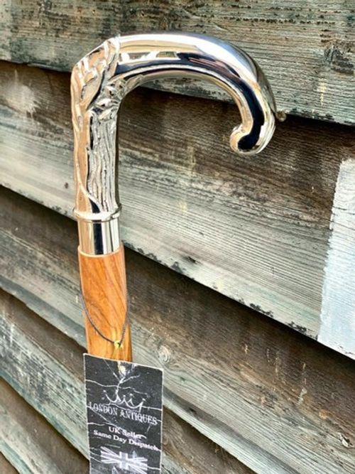 Solid Silver eva Adam Head Vintage Polished Wooden Walking Stick Cane handmade