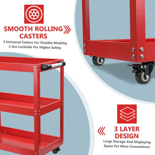 Tool Storage Heavy Duty Garage Trolley Workshop 3 Tier Wheel Cart DIY Red/Black — image 6