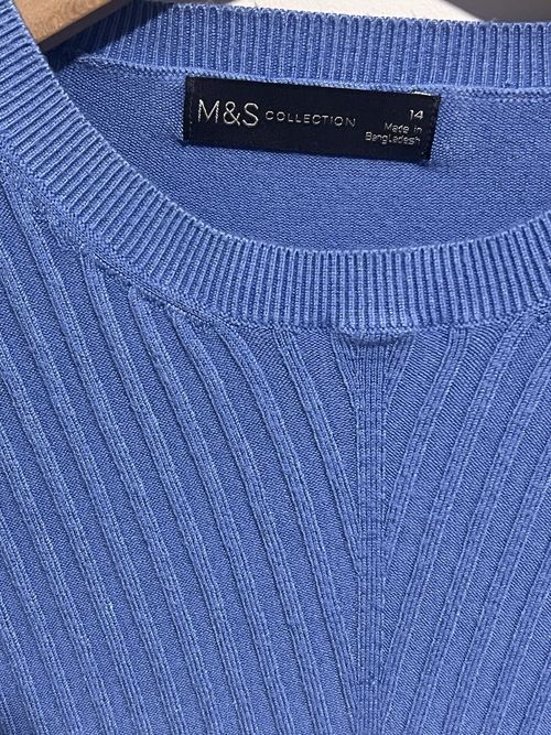 M&S Collection Women’s Blue Knit Jumper Crew Neck Ribbed Puff Short Sleeve 14 — image 6