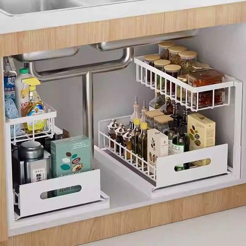 2 Tier Pull Out Under Sink Cupboard Basket Kitchen Organiser Drawer Storage Rack