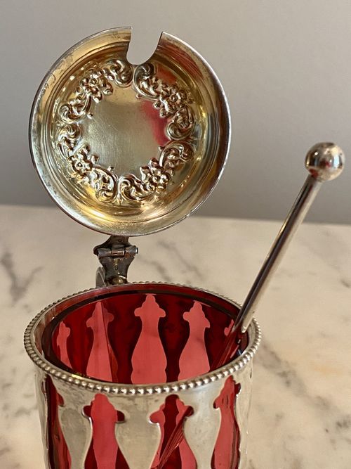 Sterling Silver Victorian Cutwork Mustard Pot Cranberry Liner w/Sterling Spoon — image 3
