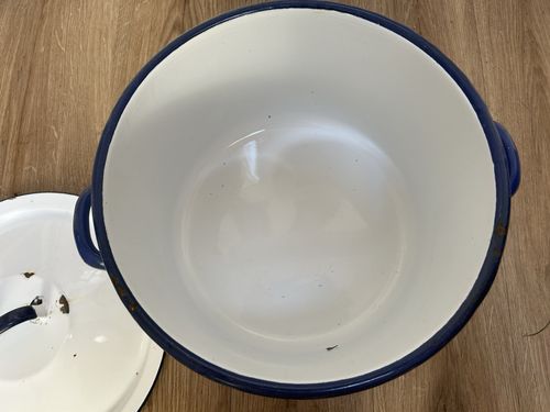 Large Vintage Enamel Bread Bin Polish Kitchenalia - Blue and White Lidded Bin — image 13