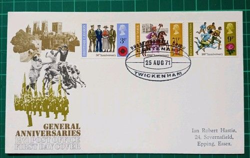 1971 General Anniversaries Post Office FDC Rugby Football Union Twickenham Pmk