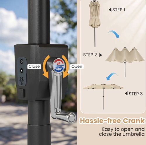4.4m Double Patio Umbrella Navy Solar LED Lights Crank No Base garden parasol — image 5