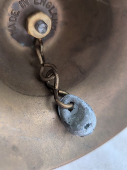Pair Vintage Solid Brass Hand Bells Made In England School Dinner Call Lead — image 11