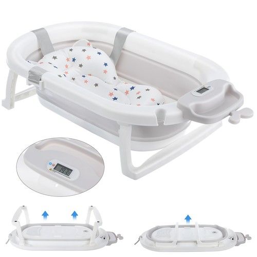 Foldable Baby Bath Tub Ergonomic with Temperature & Cushion Bath Pad + Bath Net