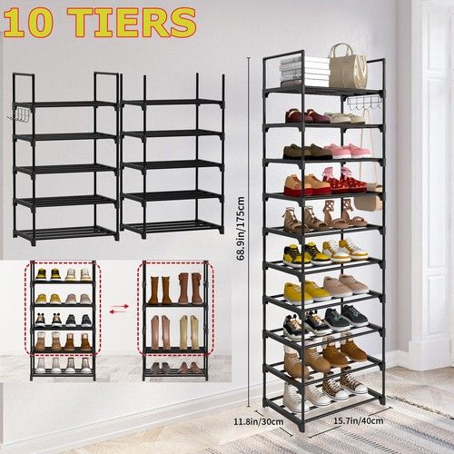 Narrow Shoe Rack 10 Tier Vertical Metal Shoe Shelf Tall Slim Storage Organizer 