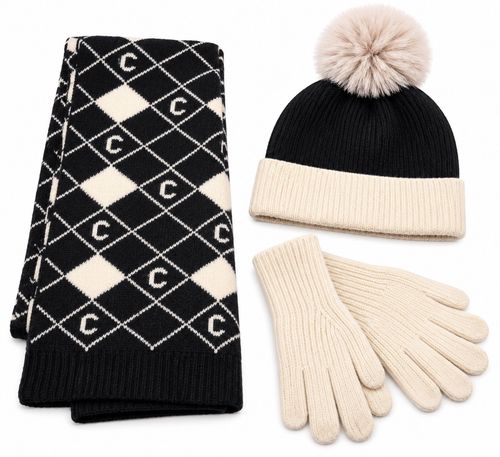 Womens Winter Hat Scarf Gloves Set 3 Piece Knitted Bobble Beanie Black Cream — image 4