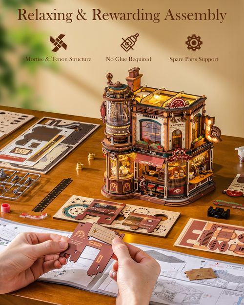 ROKR Dream Coffee Factory 3D Puzzle Building Toys Music Box Wooden Kids Gift — image 12