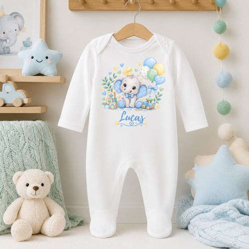 Personalised Baby Boy Sleepsuit & Grey Bunny Elephant Newborn Gift Set — image 1