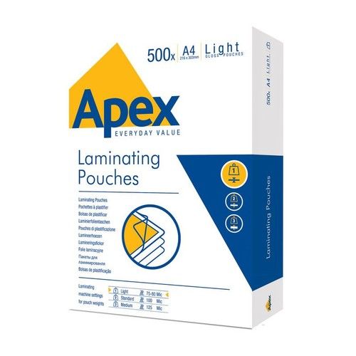 Apex A4 Laminating Pouches Glossy Finish 500 Sheets Light Duty Fellowes Pouches