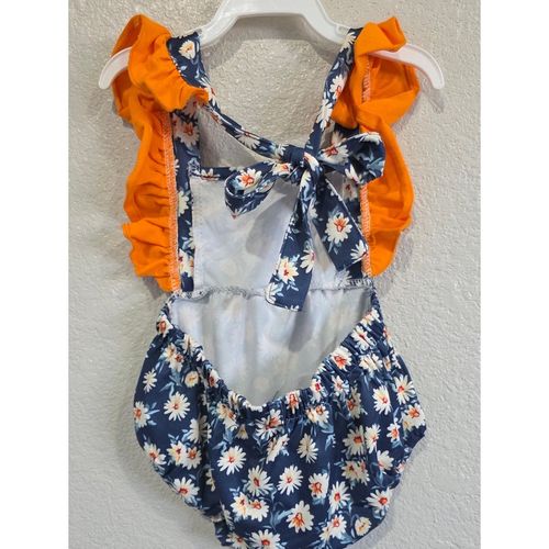 Navy Daisy Romper with Orange Ruffles and Bow In The Back — image 2