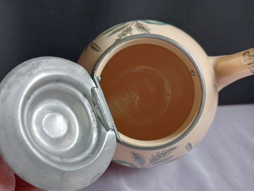 Antique Teapot Pottery + Pewter Lid Bird Robin Butterflies Insects Transferware — image 14