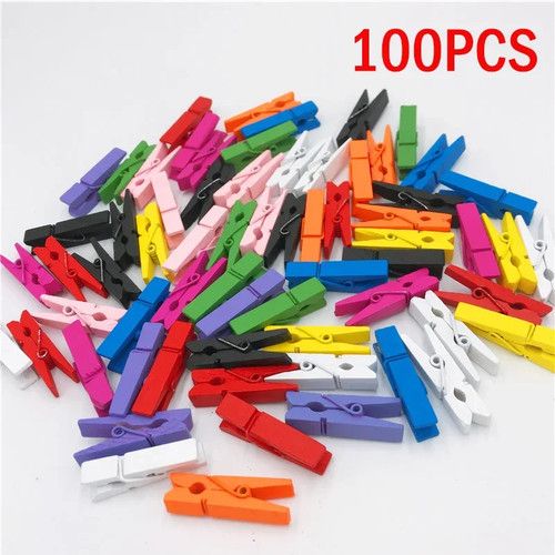 100PCS 25mm Mini Wooden Clips Colorful Photo Clothespins Craft Pegs Set