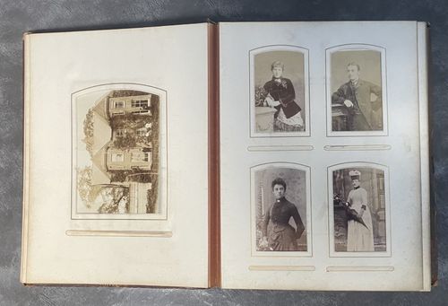 Victorian Leather Bound Photo Album Full of Period Photographs Memoriam Cards — image 5