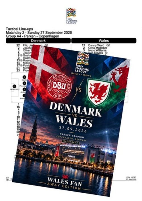 DENMARK v WALES 27 September 2026 Nations League Welsh FAN + OFFICIAL TS