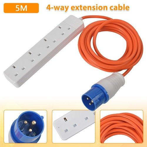 Caravan Camping Mains Electric Hookup Extension Lead Cable 4 Way Gang UK 5-15m