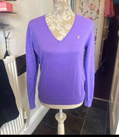 Ralph Lauren Sport Purple Cotton Knit Jumper V-Neck Pullover Long Sleeve M