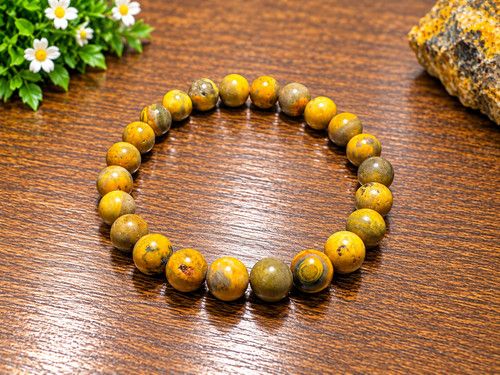 Natural Bumble Bee Jasper Bracelet Yellow Gemstone 6.5" Beaded Stretch Bracelet