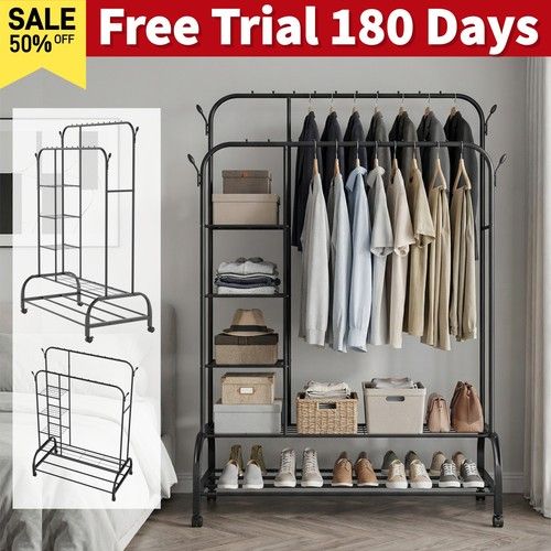 Heavy Duty Clothes Rail Hanging Garment Rack Shoe Storage 4 Hooks Open Wardrobe