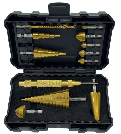 Step Drill Bit Set 12pc HSS Titanium Cone Countersink Centre Punch 1/4 Hex Saw