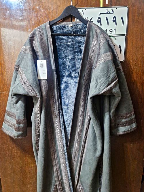 Men's Traditional Middle Eastern Striped Robe Grey/Black Faux Fur Lined — image 1