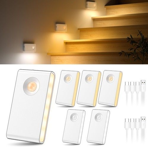 6Pack Motion Sensor Lights Indoor Type-C USB 8.6 x 4.5 x 1.6 cm, White
