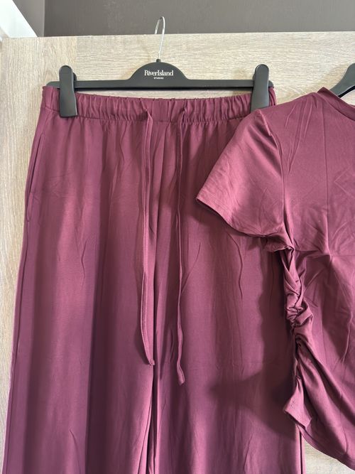 Women's Wine Burgundy Size M 2 Piece Co Ord Lounge Set Wide Leg Trousers UK WFH — image 8