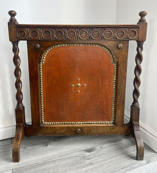 Antique Victorian English Oak Tooled Leather Fireplace Screen Barley Twist c1890
