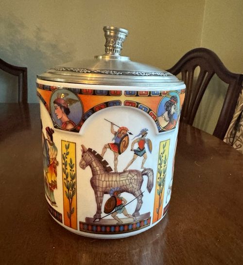 Schmidt Vintage German Ceramic Jar Pewter Handle Lid Greek Mythology 2005 9" — image 1