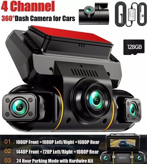 5G WiFi 4 Channel Dash Cam 360° Front Rear Inside DashCam,1080P Car Camera 128GB