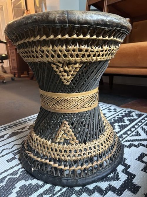 Vintage Drum Shaped Rattan Stool with Leather Seat  Hippy Boho 1970’s