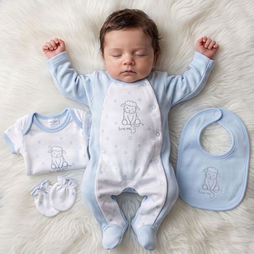 Premature Baby Boy Cotton 4 Piece Outfit Set Sleepsuit Vest Bib Mitts BLUE — image 5