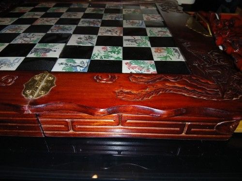 Vintage Chinese Hand Carved Jade Soapstone Chess Set Folding Wooden Case