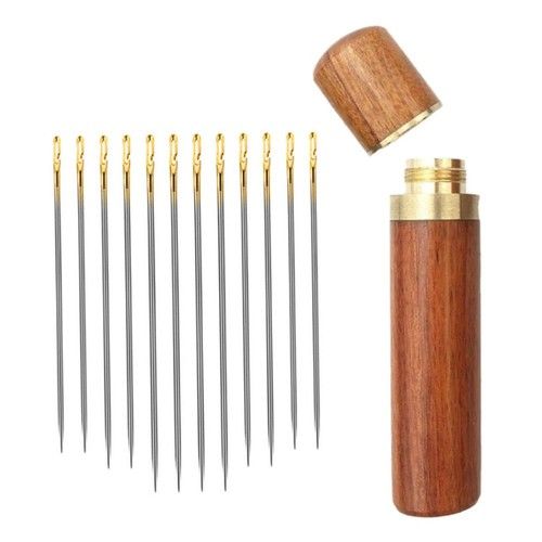 Self Threading Sewing Needles Set with Wooden Needle Storage Pot