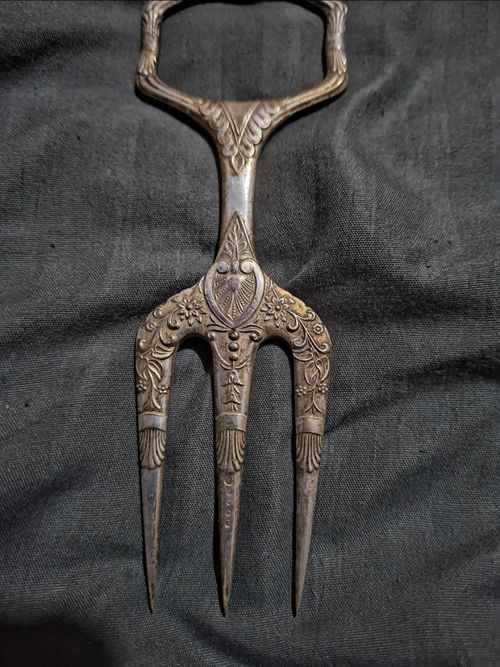 Engraved Silver Plated Metal 3-Tine Serving Fork, Antique Floral Handle Pattern — image 2