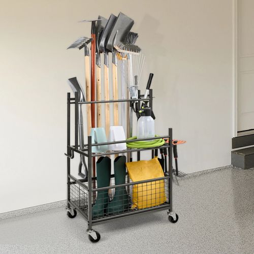VEVOR Garden Tool Storage Rack with Wheels Garage Organizer 16 Slots with Hooks — image 8