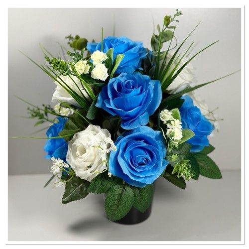 Handmade Artificial Blue & White Rose Cemetery Arrangement, Memorial Flowers.