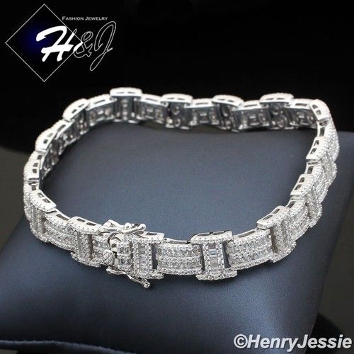 8"MEN SOLID 925 STERLING SILVER 9MM FULL ICY BAGUETTE CZ CHAIN LINK BRACELET*B16