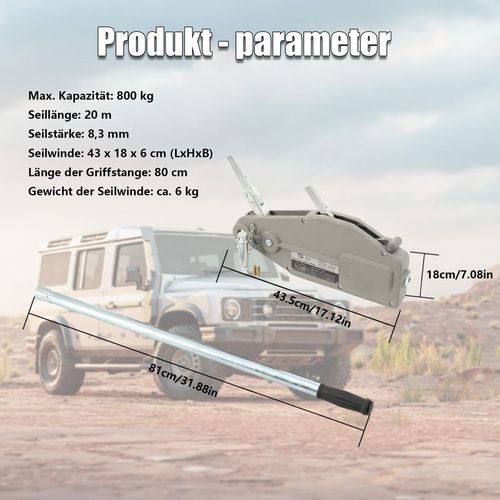 Wire Rope Puller Hand Winch Rope Hoist w/ 20M Rope for Lifting and Pulling 800KG — image 5
