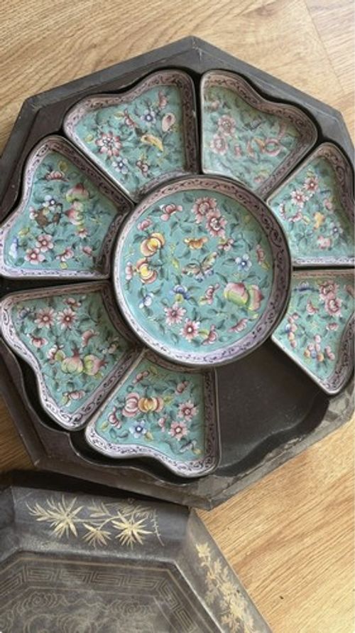 Antique Chinese Canton Enamel Sweetmeat Set in Gilt Lacquer Box A/F