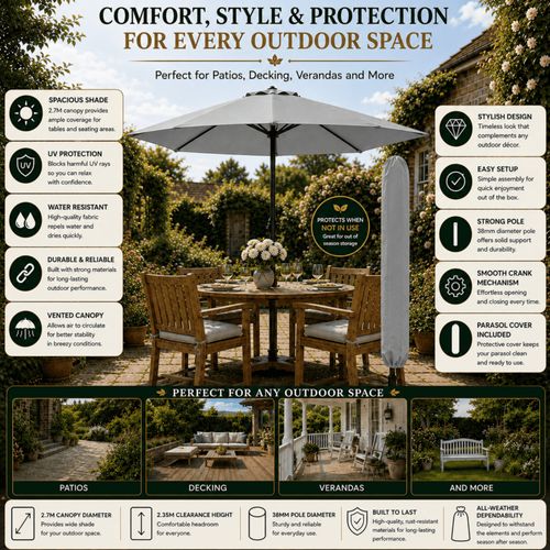 Garden Table Parasol Patio Crank Handle Umbrella Sun Shade Waterproof Grey 2.7M — image 3