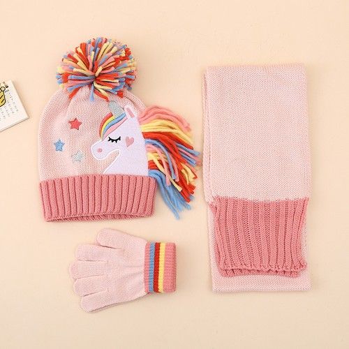 Winter Unicorn Beanie Hat Scarf Gloves Set for Baby Girls Kids Knitted Warm Hats