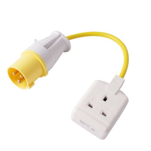Leaderman 11016P13TS 110V 16A Yellow Plug to 230V 13A Trailing Socket Adaptor — image 1