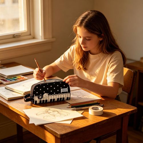 Piano Key Polka Dot Pencil Case Large Student Stationery Bag with Hand Strap — image 11