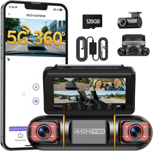 5G Wifi Dash Cam 4 Channel 360° Front Rear Inside DashCam,1080P Car Camera 128GB