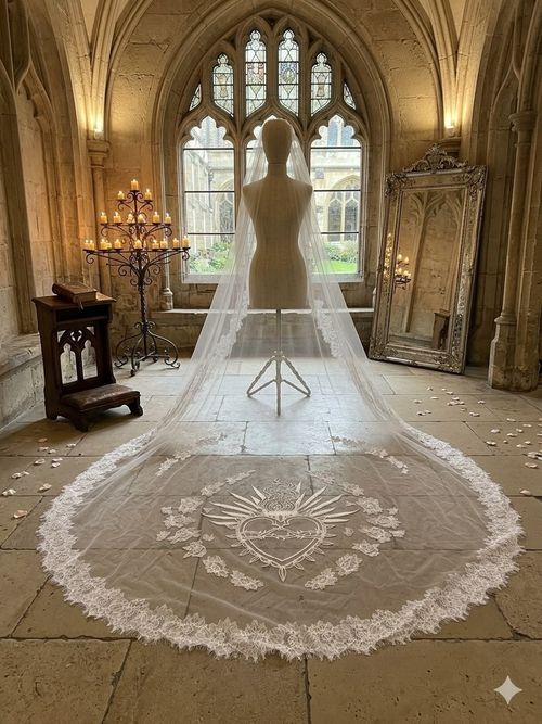 Bridal Veil 1 tier french lace trim chantilly Lace Sacred heart — image 2