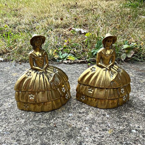 Brass Lady Figure Figurine Bells Pair - Lady in Dress Design Bells