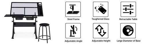 Adjustable Glass Drafting Table with 2 Drawer Art Craft Drawing Board with Stool — image 12